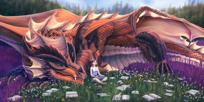 Lavender holiday - Art, The Dragon, Furry lynx, Flowers, Lavender, Field, Forest, Relaxation, Books, Digital drawing, Furry