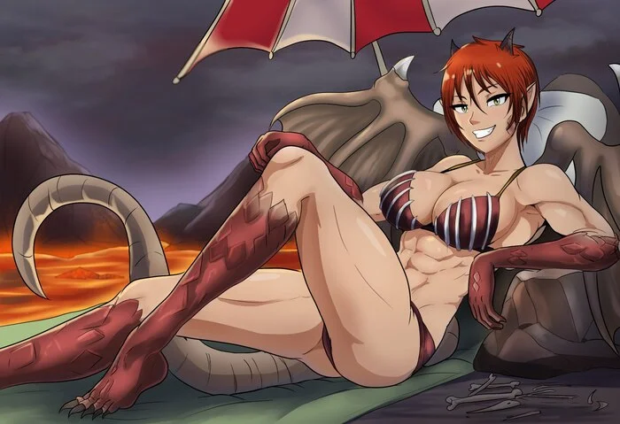 Yana on the dragon beach - My, Anime, Art, Monster girl, Girl with Horns, Sexuality, Bikini