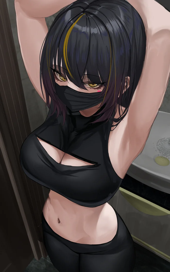 O C - Anime art, Anime, Original character, Girls, Stomach, Language, Mask, Longpost