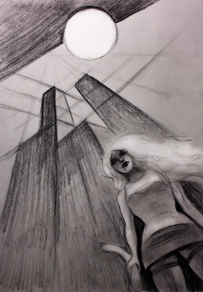 Night City Sights. Charcoal Drawing - My, Images, Drawing, Painting, Traditional art, Art, Night city, Charcoal drawing, Vampires, Perspective