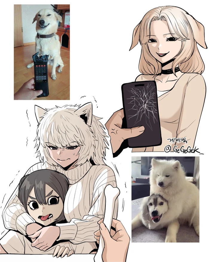 Continuation of the post “Humanization” - Art, Anime, Anime art, Humanization, Animal ears, Gegegekman, A wave of posts, Tail, Dog, Reply to post