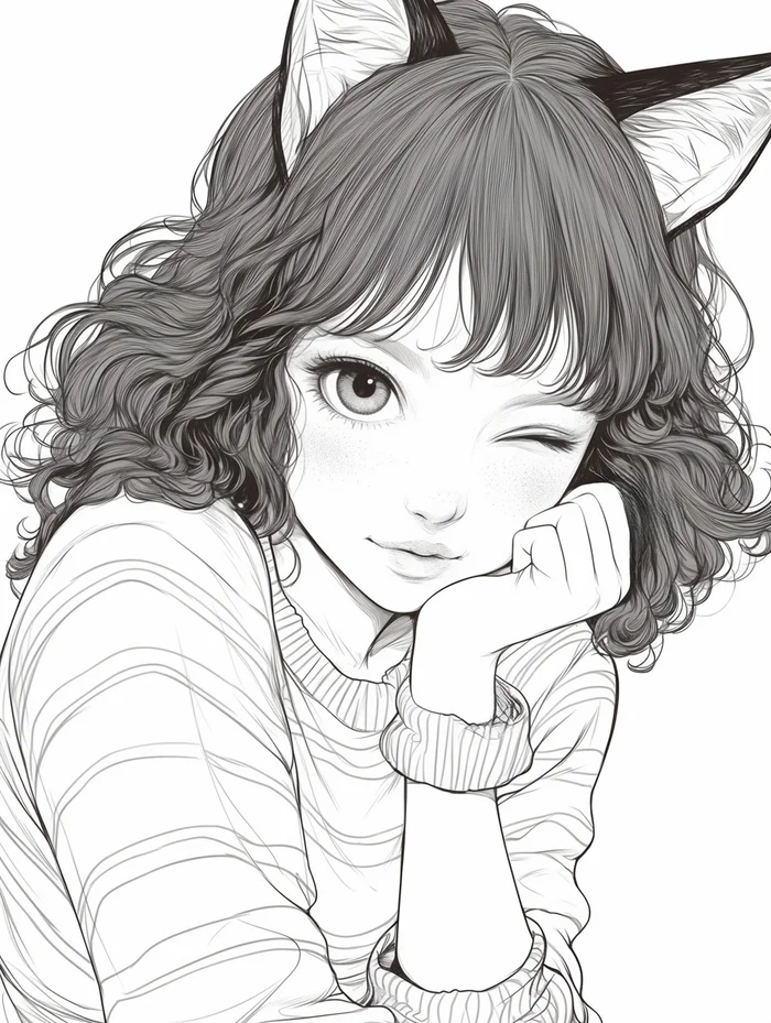 Pencil Kitties ~ - My, Girls, Anime, Anime art, Art, Pencil drawing, Neko, Curls, Neural network art, Milota, Black and white, Ears on the crown, Wink, Longpost