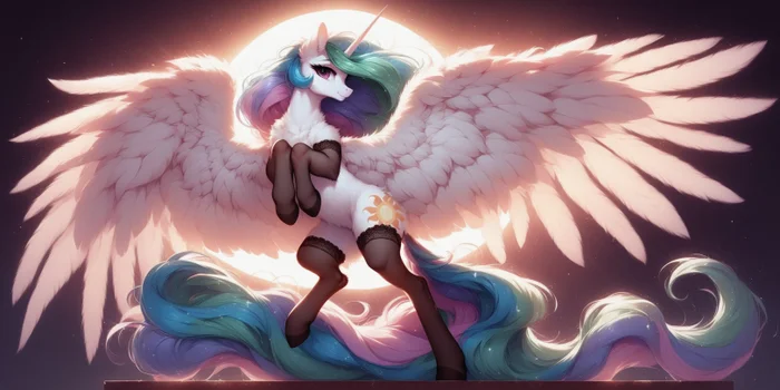 Continuation of the post Without regalia, but in stockings... - My little pony, Neural network art, Princess celestia, Reply to post