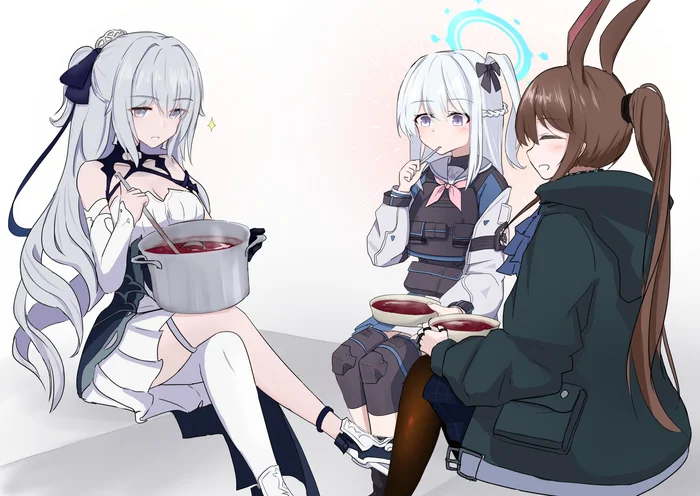 О великий суп наварила - Anime Art, Аниме, Honkai Impact, Blue archive, Arknights, Bronya Zaychik, Tsukiyuki Miyako, Amiya, Кроссовер, Animal Ears, Game Art, Борщ