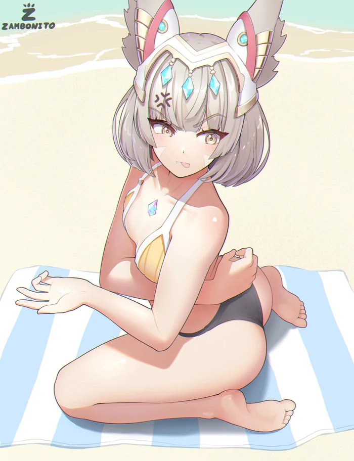 Niya and sunscreen - Anime art, Anime, Game art, Xenoblade, Nia, Nintendo switch, Animal ears, Swimsuit, Beach, Sunscreen, Zambonito