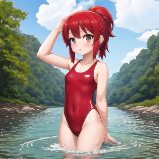 Bathers in the rivers - Girls, Anime, Bathing, River, Water, Water, Art, Swimsuit, Bikini, Longpost, Neural network art