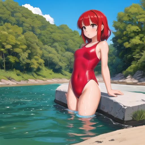 Bathers in the rivers - Girls, Anime, Bathing, River, Water, Water, Art, Swimsuit, Bikini, Longpost, Neural network art