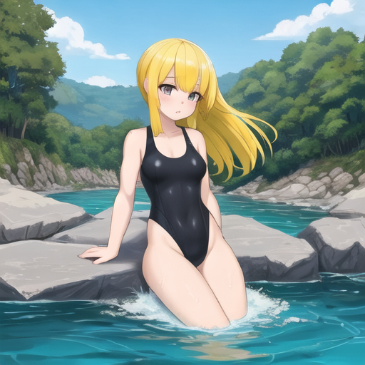 Bathers in the rivers - Girls, Anime, Bathing, River, Water, Water, Art, Swimsuit, Bikini, Longpost, Neural network art