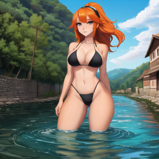 Bathers in the rivers - Girls, Anime, Bathing, River, Water, Water, Art, Swimsuit, Bikini, Longpost, Neural network art