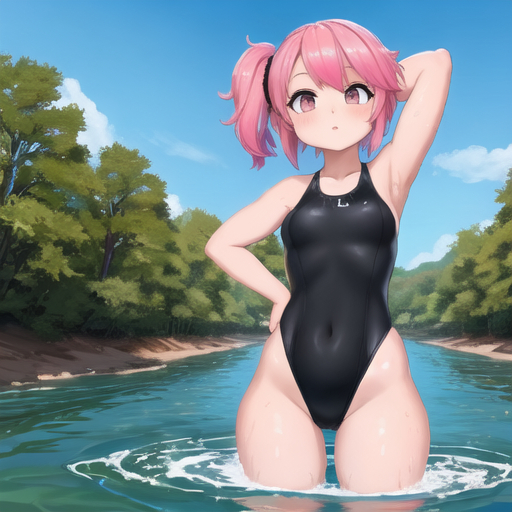 Bathers in the rivers - Girls, Anime, Bathing, River, Water, Water, Art, Swimsuit, Bikini, Longpost, Neural network art