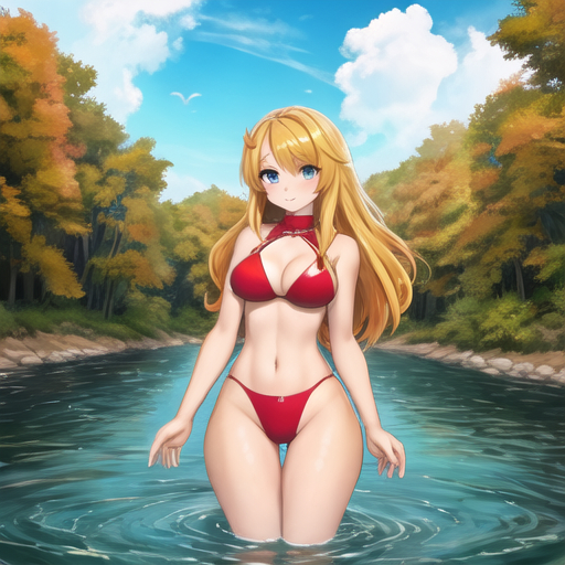 Bathers in the rivers - Girls, Anime, Bathing, River, Water, Water, Art, Swimsuit, Bikini, Longpost, Neural network art