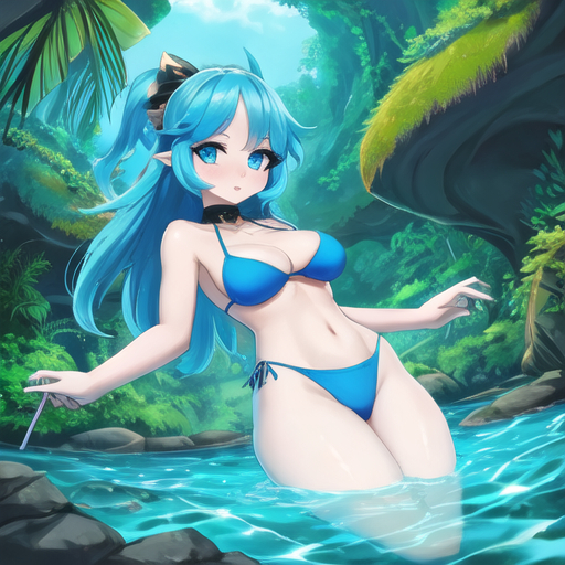 Bathers in the rivers - Girls, Anime, Bathing, River, Water, Water, Art, Swimsuit, Bikini, Longpost, Neural network art