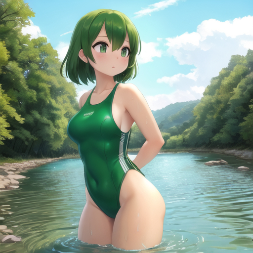 Bathers in the rivers - Girls, Anime, Bathing, River, Water, Water, Art, Swimsuit, Bikini, Longpost, Neural network art