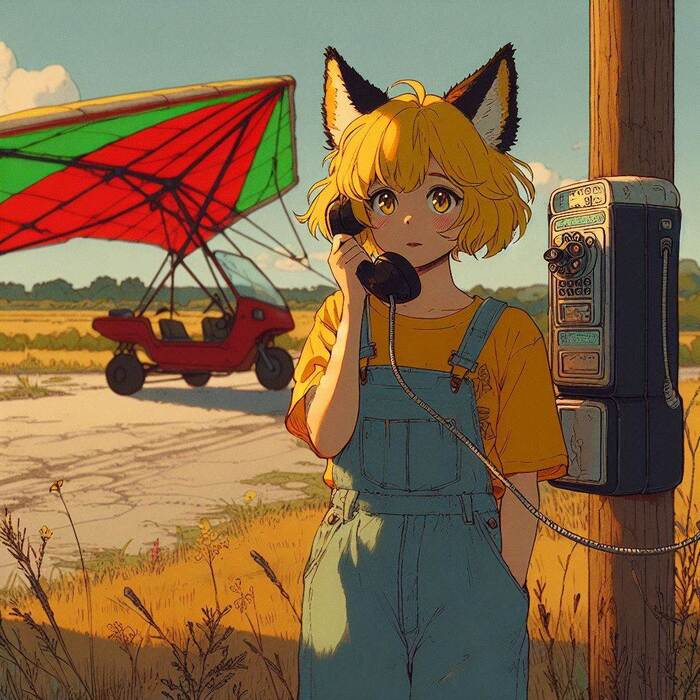 Roberta and the Unplanned Landing - My, Art, Neural network art, Anime art, Нейронные сети, Girls, Anime, Original character, Kitsune, Hang glider, Ginger & White, Longpost