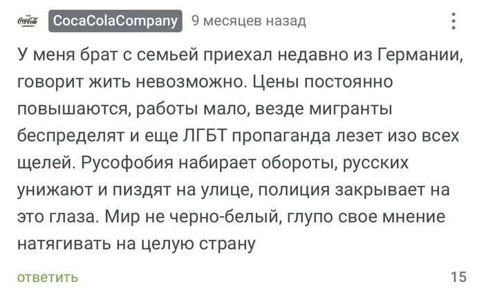 Пост удален - Скриншот, Комментарии, Комментарии на Пикабу, Политика, Германия, Родственники, Брат, Правда, Мигранты, Эмиграция, Русофобия, Европа, Посты на Пикабу, Удаленно, Текст