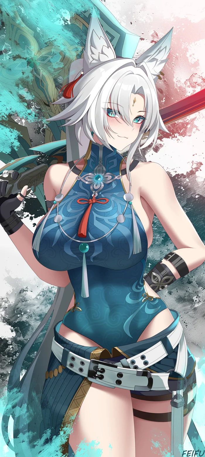 Feixiao - Anime Art, Аниме, Honkai: Star Rail, Feixiao (Honkai: Star Rail), Кицунэ, Animal Ears, Длиннопост