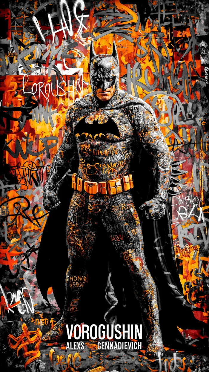 Contemporary artist: Vorogushin Alexey Gennadievich. Bright abstract Batman in street art style with elements of surrealism. AI artist - My, Dall-e, Нейронные сети, Digital, Phone wallpaper, Neural network art, Art, Street art, Desktop wallpaper, Art, Modern Art, Computer graphics, Batman, Marvel, Comics, Artificial Intelligence, Digital drawing, Cover, Surrealism, Abstraction, Abstractionism, Longpost, Graffiti