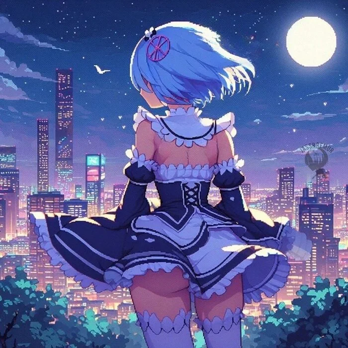 Continuation of the post Pixel Rem - Rem (Re: Zero Kara), Re: Zero Kara, Girls, Housemaid, Anime art, Anime, Night, Night city, Reply to post