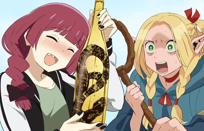 Да не бойся, это очень вкусно! - Аниме, Anime Art, Hiroi Kikuri, Marcille Donato, Bocchi the Rock!, Dungeon Meshi, Кроссовер