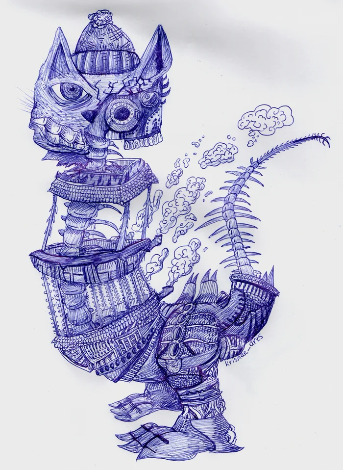 Robo-cat-chicken - My, Art, Drawing, Illustrations, Doodle, Monster, Longpost