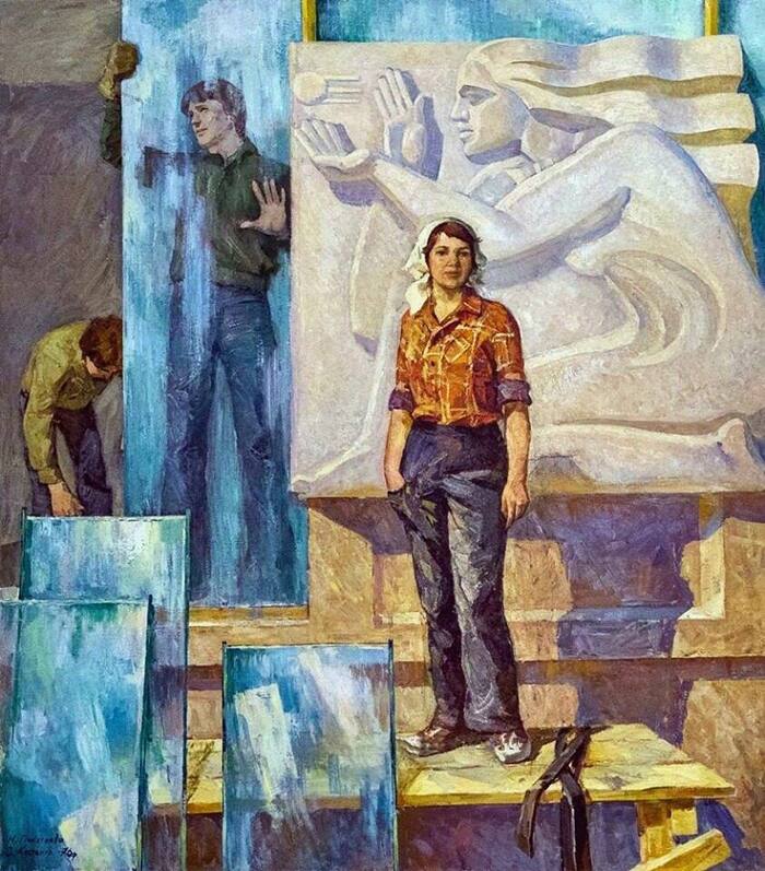 Kostenko Zoya Fedorovna, Builders, 1975-1976 - Art, Builders, Made in USSR, Painting, Painting, 70th