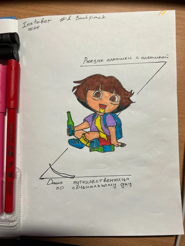 Inktober 2024. Day 1 - My, Inktober, Dasha the explorer, Backpack, Sketch, Sketchbook, Painting, Felt-tip pen, Picture with text, Alcohol, Social Bottom