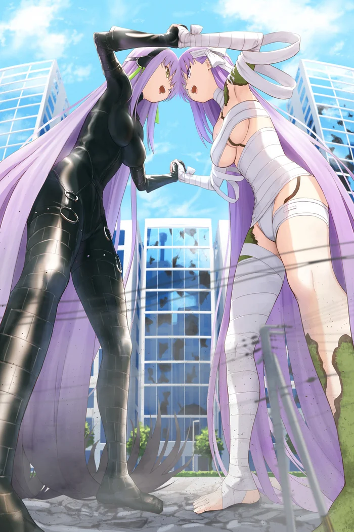 Confrontation - Kingprotea, Fate grand order, Anime art, Giantess, Latex, Bandage, Town