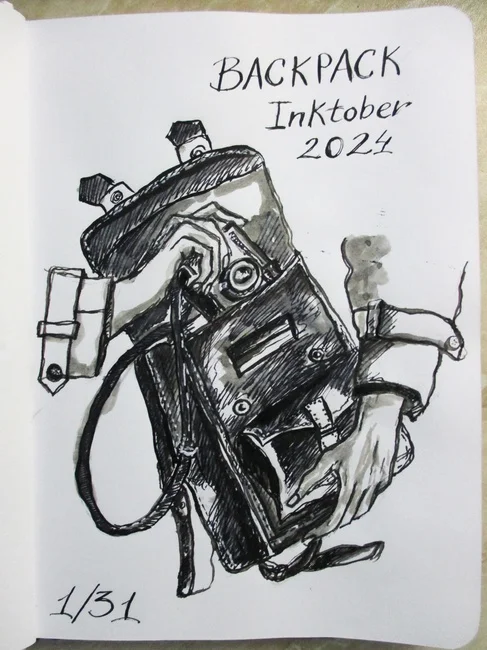 1/31 INKTOBER 2024 BACKPACK - РЮКЗАК - Моё, Творчество, Рисование, Дневник, Искусство, Длиннопост