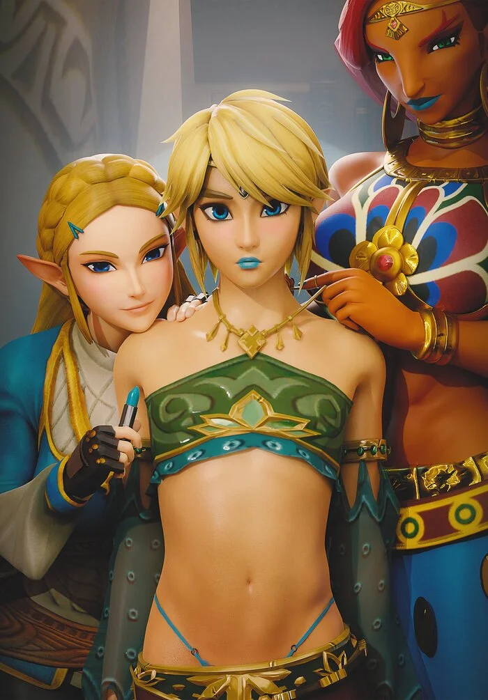 Нарядили - Арт, 3D, Игры, The Legend of Zelda, Breath of the Wild, Девушки, Эльфы, Link, Princess Zelda, Urbosa, Femboy, Макияж, Fugtrup