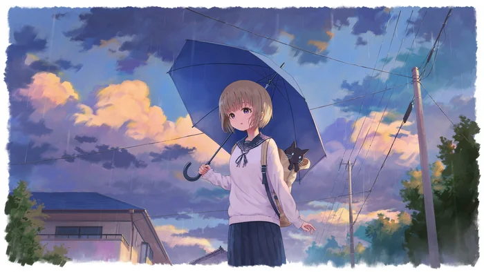 Together under an umbrella - Anime, Anime art, Original character, Girls, Umbrella, Rain, cat