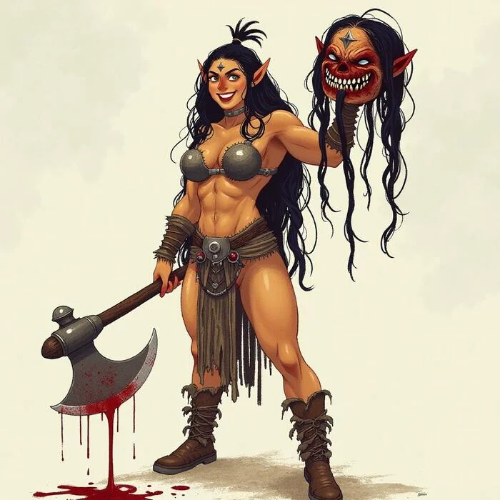 Orc Barbarian - My, Neural network art, Midjourney, Pinanoc, Barbarian, Barbarian, Barbara, Elves, Strong girl, Girls, Neckline, Dungeons & dragons