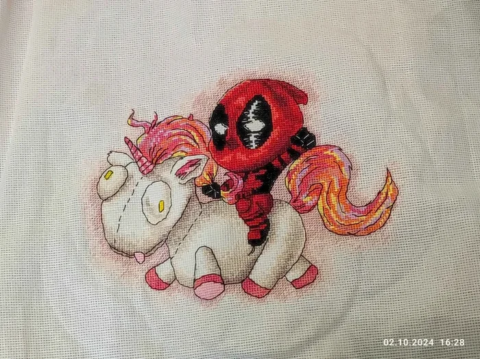 Deadpool on a unicorn - My, Embroidery, Cross-stitch, Deadpool