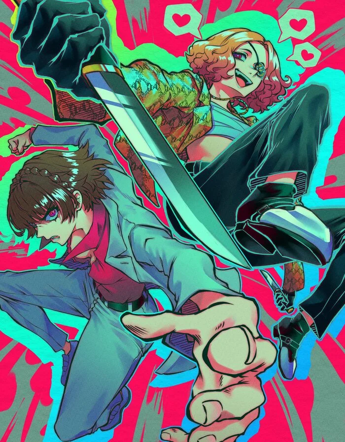 The Dragon Niijima and the Mad Dog Okumura - Anime art, Anime, Games, Persona, Persona 5, Niijima Makoto, Okumura haru, Yakuza, Goro Majima, Crossover