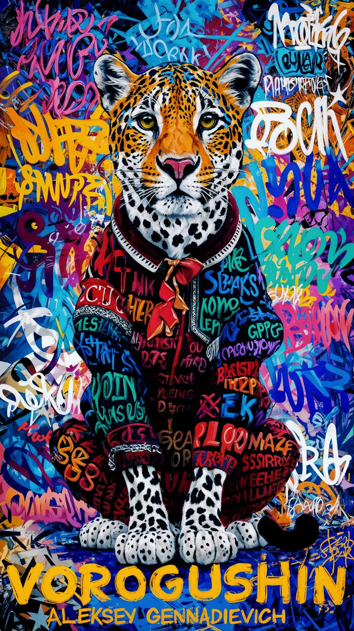 Contemporary artist: Vorogushin Alexey Gennadievich. Bright abstract leopard in street art style with elements of surrealism. AI artist - My, Desktop wallpaper, Нейронные сети, Phone wallpaper, Neural network art, Digital, Art, Street art, Dall-e, Art, Modern Art, Computer graphics, Leopard, Surrealism, Abstraction, Abstractionism, Artificial Intelligence, Digital drawing, Cover, Longpost, Graffiti