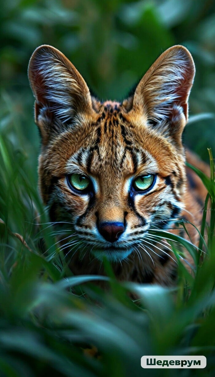 Сервал прячется в траве