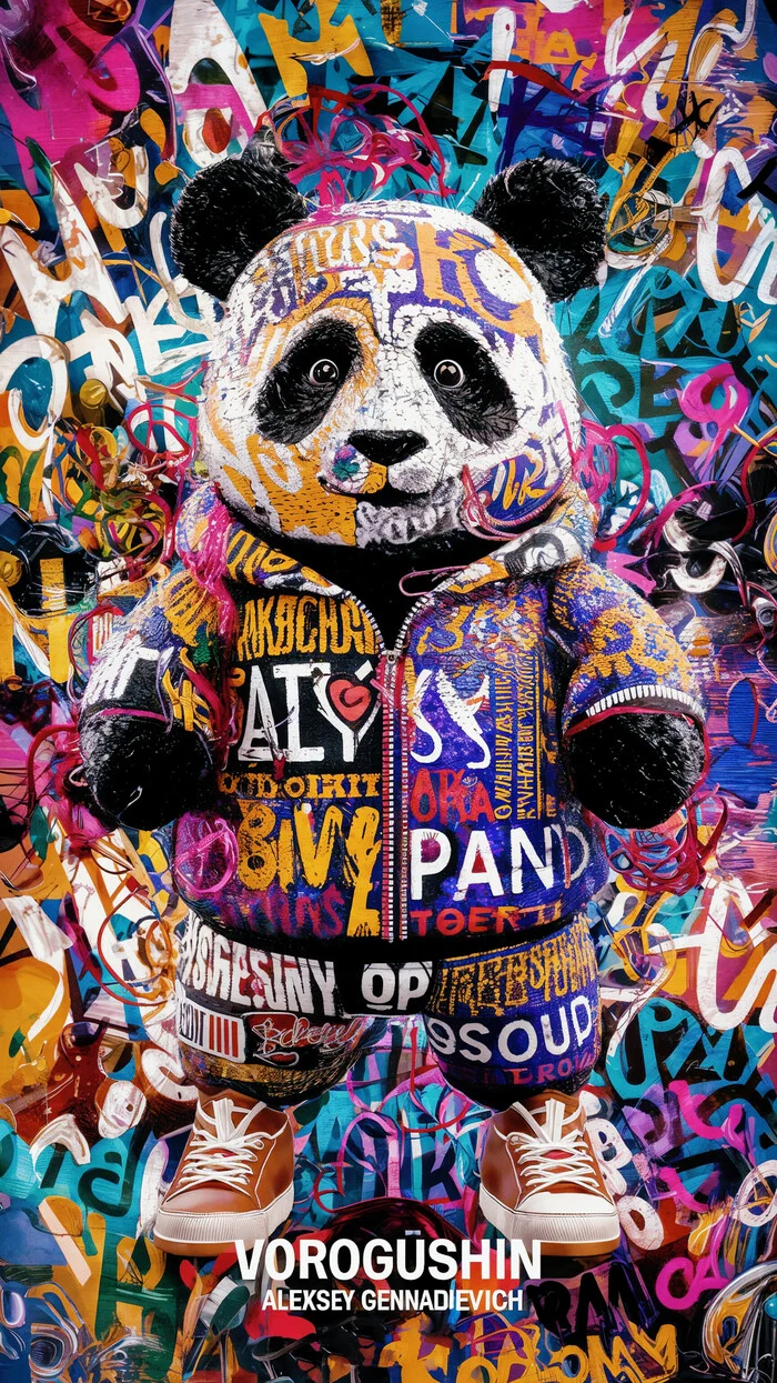 Contemporary artist: Vorogushin Alexey Gennadievich. Bright abstract panda in street art style with elements of surrealism. AI artist - My, Desktop wallpaper, Нейронные сети, Phone wallpaper, Neural network art, Digital, Art, Street art, Dall-e, Art, Modern Art, Computer graphics, Panda, Abstraction, Abstractionism, Surrealism, Artificial Intelligence, Digital drawing, Cover, Longpost, Graffiti