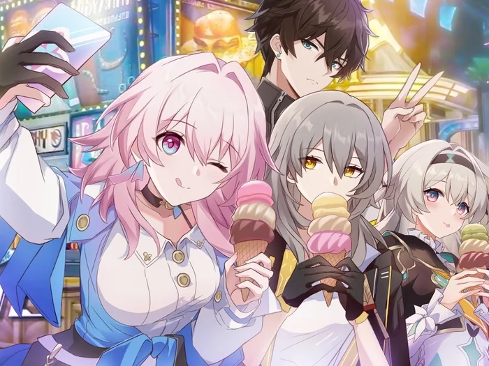 Honkai: Star Rail - Anime, Anime art, Honkai: Star Rail, Dan Heng (Honkai: Star Rail), Firefly (Honkai: Star Rail), Stelle (Honkai: Star Rail), March 7th (Honkai: Star Rail), Girls, Guys, Telephone, Ice cream