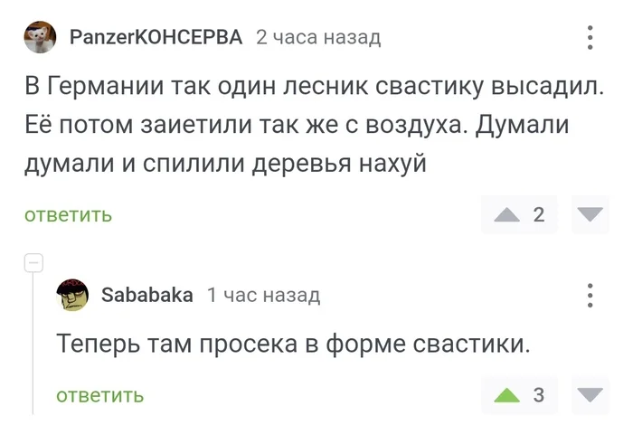 Исправили - Юмор, Скриншот, Комментарии на Пикабу, Переписка, Комментарии, Германия, Свастика, Лес, Просека, Мат