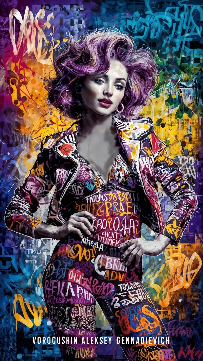 Contemporary artist: Vorogushin Alexey Gennadievich. Bright abstract portrait of a woman in street art style with elements of surrealism - My, Desktop wallpaper, Neural network art, Нейронные сети, Phone wallpaper, Digital, Art, Dall-e, Street art, Computer graphics, Art, Modern Art, Girls, Women, Surrealism, Abstraction, Abstractionism, Cover, Artificial Intelligence, Digital drawing, Longpost, Graffiti