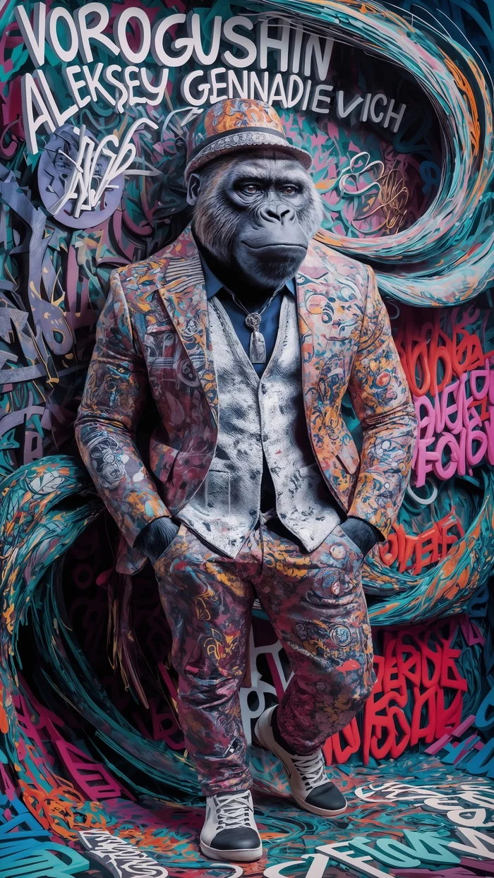 Contemporary artist: Vorogushin Alexey Gennadievich. Bright abstract gorilla in a stylish image. AI artist - My, Neural network art, Phone wallpaper, Desktop wallpaper, Нейронные сети, Digital, Art, Street art, Dall-e, Art, Modern Art, Computer graphics, Gorilla, Style, Fashion, Abstraction, Abstractionism, Artificial Intelligence, Digital drawing, Cover, Longpost