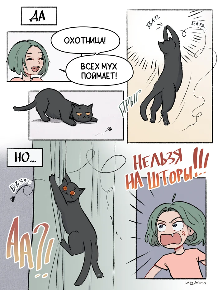 Flycatcher - My, Author's comic, Art, Comics, cat, Humor, Муха, Curtains