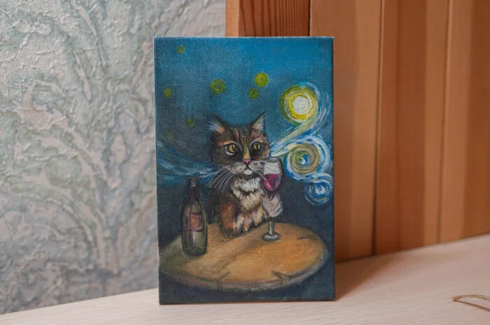 What did Vincent van Gogh love most, wine or cats? - My, van Gogh, Decor, Painting, cat, Acrylic, Alcohol, Animalistics, Canvas, Author's painting, Paints, Handmade, Cat lovers, Fluffy, Interior painting, Longpost, Needlework without process