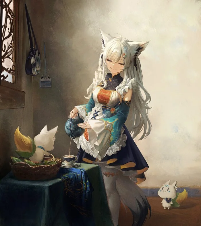 The Tea Maid - Hololive, Virtual YouTuber, Shirakami Fubuki, Anime Art, Аниме, Горничная, Animal Ears