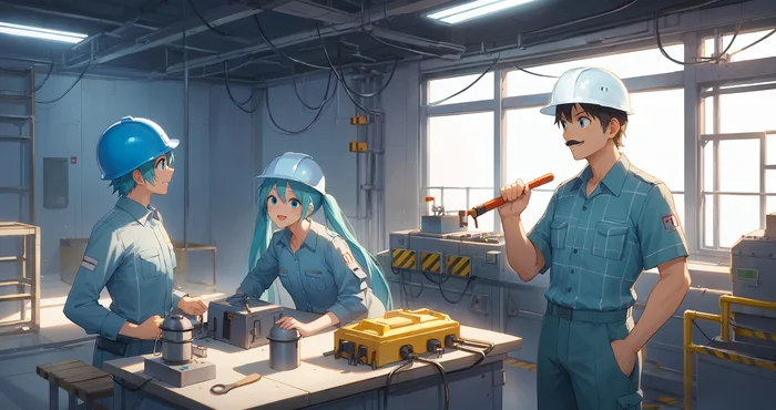 Friday Miku #9: Voices are calling her to the factory... - My, Neural network art, Stable diffusion, Anime art, Hatsune Miku, Factory, Shop, Helmet, Teamwork, hard workers, Desktop wallpaper, Blue eyes, Friday Miku