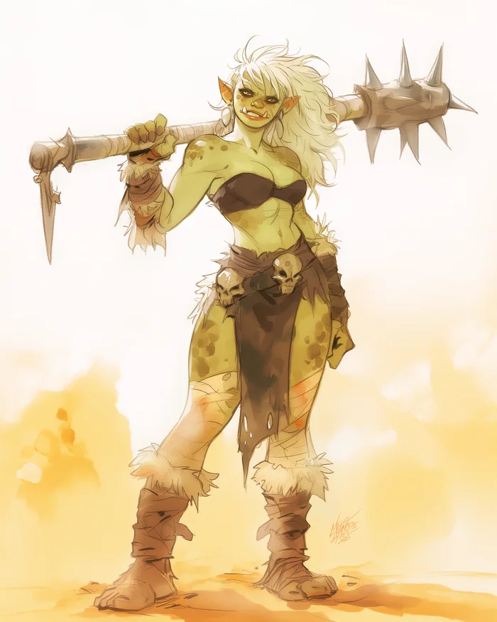 Orc Barbarian - My, Neural network art, Midjourney, Pinanoc, Barbarian, Barbarian, Barbara, Girls, Dungeons & dragons, Orcs