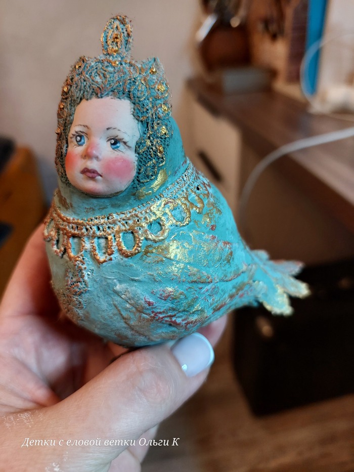 Винтажная елочная игрушка из ваты - птица Сирин