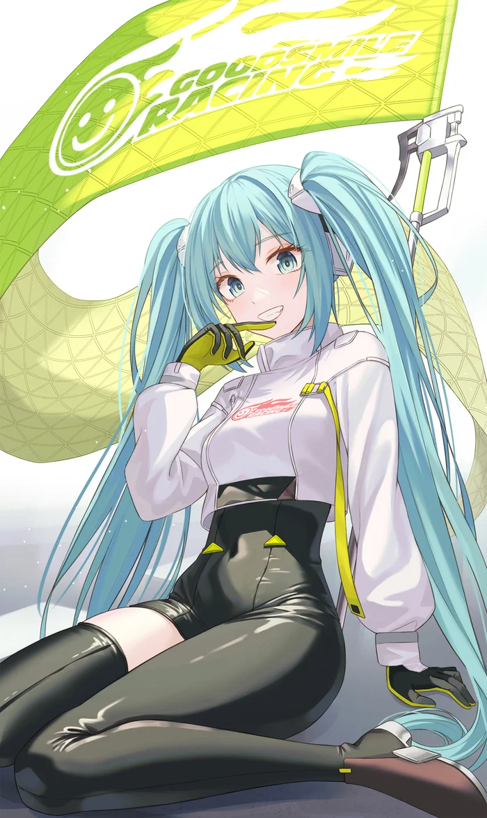 Hatsune Miku #160 - Anime, Anime art, Hatsune Miku, Girls, Long hair, Flag, Gloves, Smile, Racing Miku, Sitting, Bunnysuit, Race Queen, Vocaloid