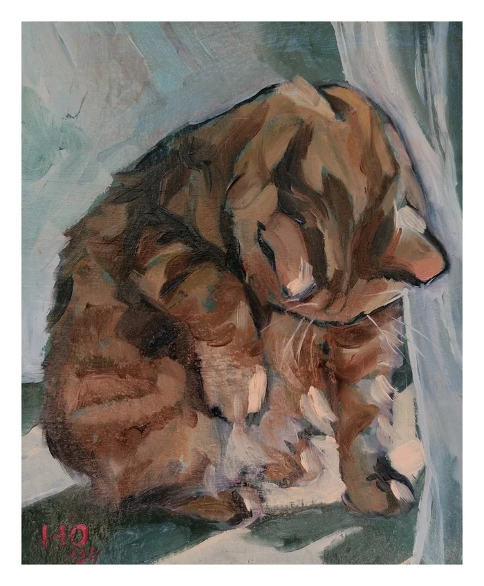 Cleanliness - My, cat, Pets, Oil painting, Painting, Artist, Etude, Traditional art, Author's painting, Animalistics, Painting, Butter, Redheads