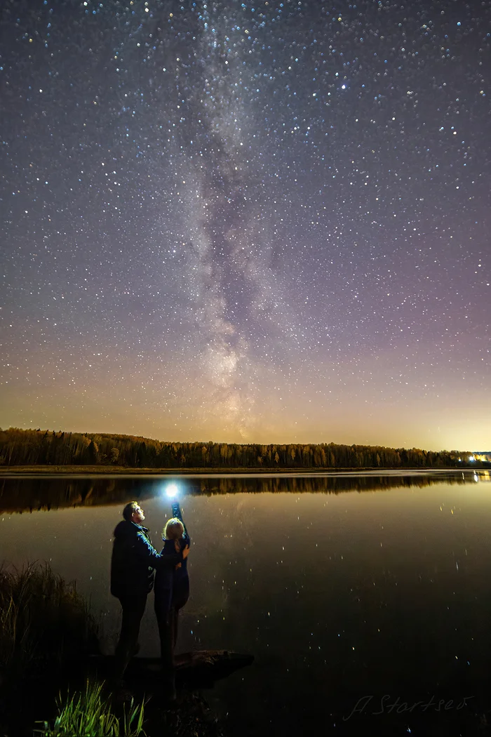 Two under the stars... - My, Landscape, Night, Perm Territory, The photo, Starry sky, Astrophoto, Milky Way, Pond, Night shooting