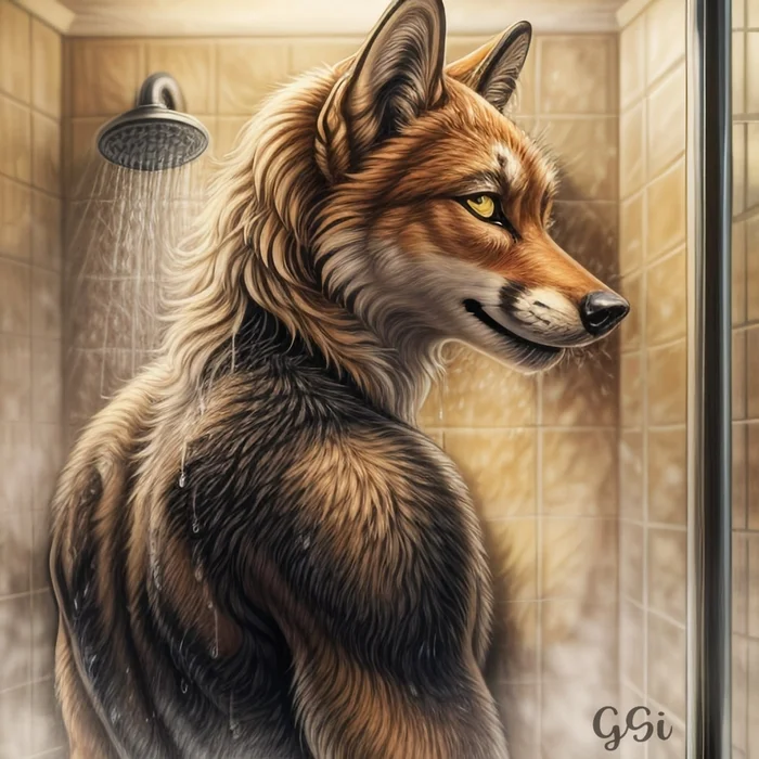 Shower - My, Furry, Art, Furry art, Stable diffusion, Artificial Intelligence, Furry fox, Fox